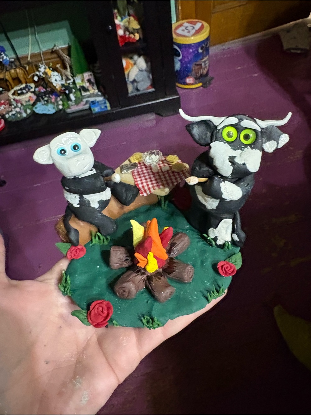 Handmade Clay Cow SMORES Scene - Black & White
